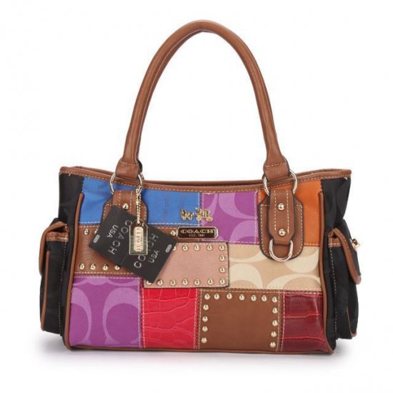 Coach Holiday Logo Stud Medium Brown Multi Satchels EBW | Women